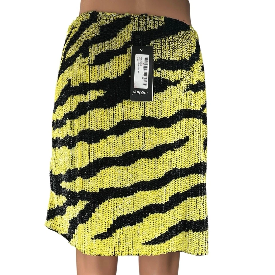 NOVA Mini Saia Lápis Nasty Gal Icon Zebra Lantejoula Amarela Preta Cintura Alta 10 - Imagem 3 de 4