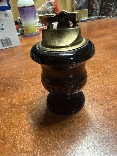 Vintage Brass Plated Black Glass Urn Shaped Table Lighter Made in Japan Read