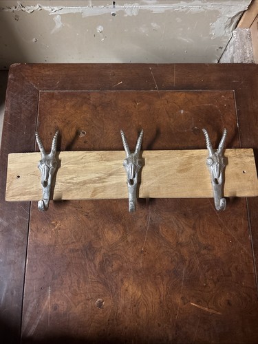 Minimalist Wall Hooks Metal Goat Heads On Wood Hanger 3 - Picture 1 of 5