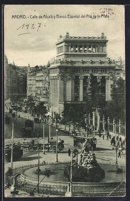 AK Madrid, Calle de Alcala y Banco Espanol del Rio de la Plata, Straßenbahn 192 