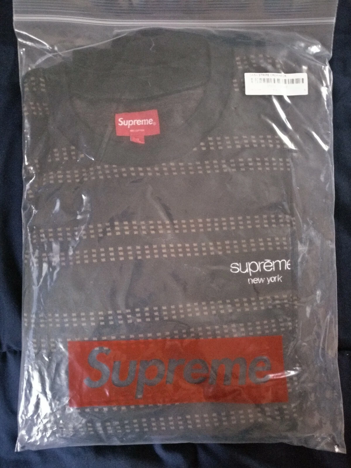 Pull col rond Supreme Dash Stripe noir XL 100% authentique NEUF Deadstock DS