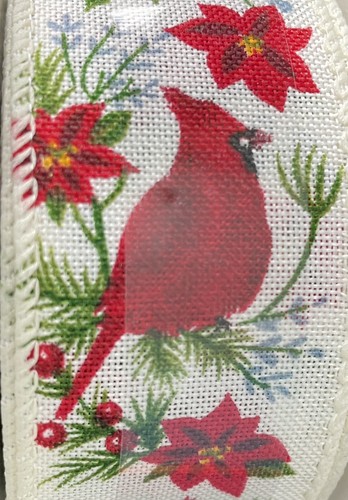 New "Celebrate It" White & Red Holiday Cardinals Wired Ribbon 1 1/2 in. x 30 Ft - Picture 5 of 8