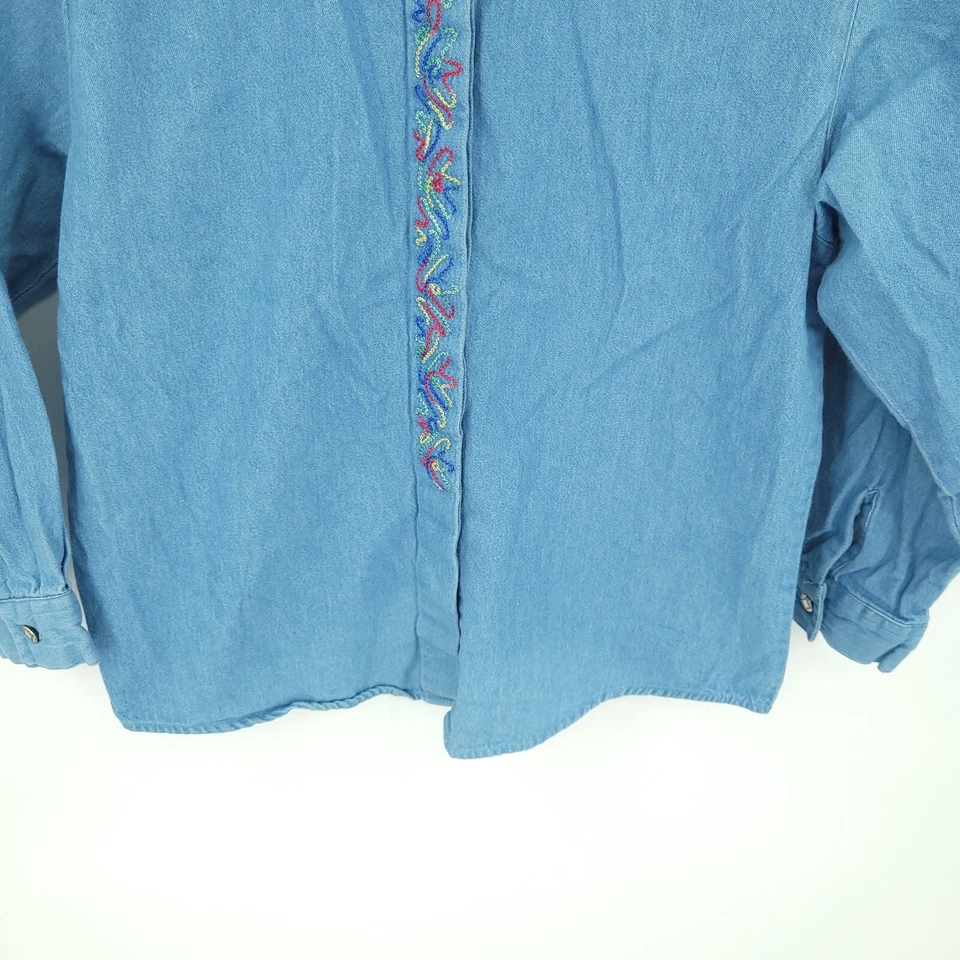 Vintage 90s Wrangler Western Shirt Girls Large 14 Blue Button Up Embroidered - Image 2 of 4