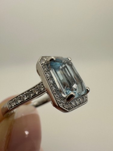 PLATINUM EMERALD CUT AQUAMARINE AND DIAMONDS HALO RING 3.03CT ID58 - Picture 15 of 23