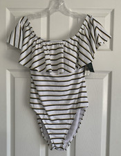 Lauren Ralph Lauren Swimsuit 6 White Gold Black Off The Shoulder Swim Beach NwT
