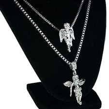 Double Angel Pendant Necklace Set of 2 Silver Tone 24"  30" Inch Two Box Chains