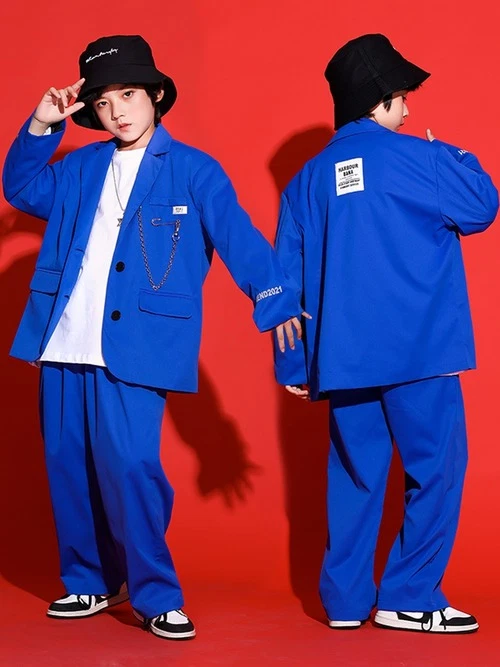 Jazz Performance Blue Hiphop Suit Hip Hop Dance Girls Boys Street Dance Wear - Image 3 of 4