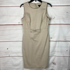 Ann Taylor Dress Womens 6 Beige Sheath Sleeveless Crew Neck Solid Stretch Twist