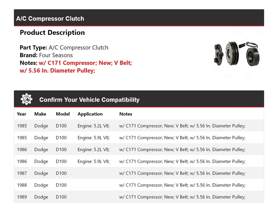 Embrague compresor aire acondicionado Dodge D100 1985-1989 4 estaciones 1986 1987 1988 Foto 2 de 4
