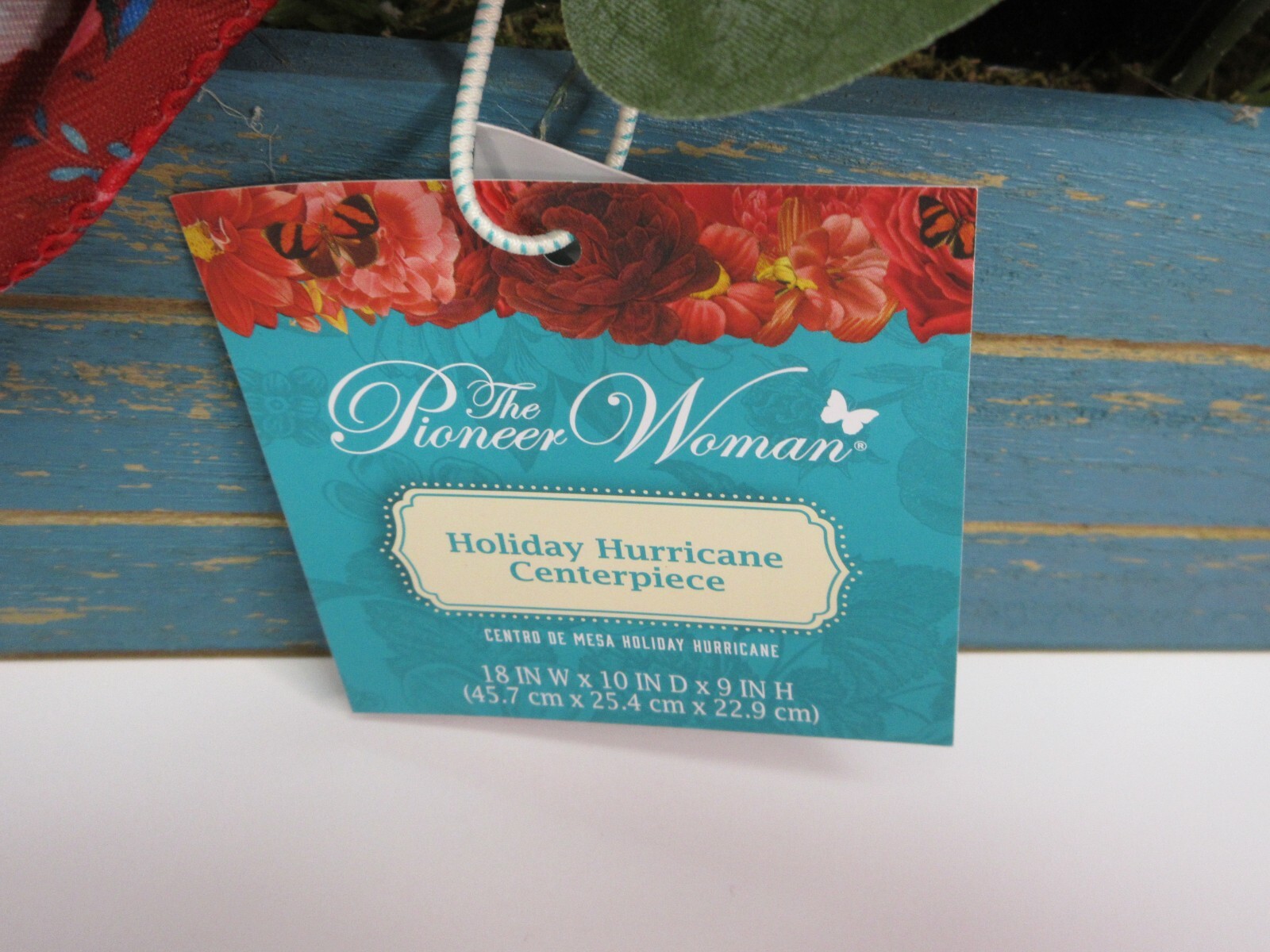 Pioneer Woman Christmas Hurricane Centerpiece Cheerful Rose Floral Wood Box Red