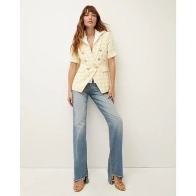 Veronica Beard $598 Short Sleeve Gingham Tweed Dickey Jacket NWT Yellow White