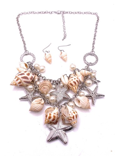 Starfish Seashell Silver Sea Life Pearl Bead Charm Beach Layered Necklace Set - Picture 5 of 5