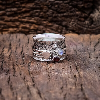 Moonstone With Garnet Spinner Ring 925 Silver Jewelry Women Gift All Size  Ring