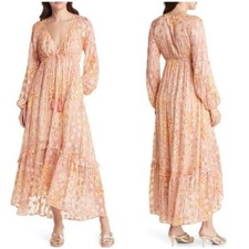 Ciebon Crissta Metallic Print Long Sleeve Maxi Dress Gold Star Boho Sz S