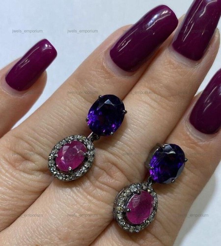 Amatista natural con rubí ovalado 925 plata de ley pendientes colgantes/gota ... - Imagen 2 de 5