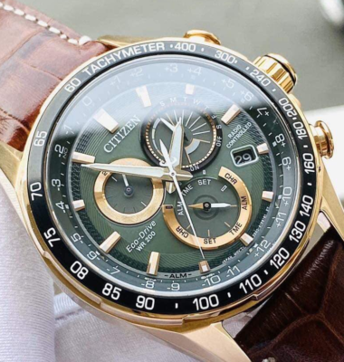 Citizen PCAT Chronograph Green Dial Rose Gold Tone Leather Band Watch  CB5919-00X