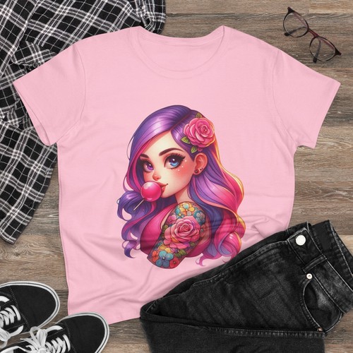Bubblegum Girl Midweight Tee Cute Graphic Cotton T-Shirt for Women Trendy Gift - Picture 29 of 37
