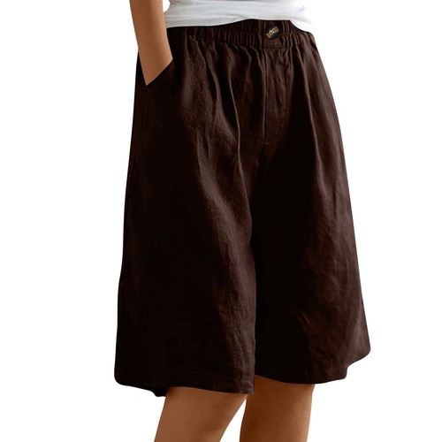 Women Solid Color Pants Pocket Button Up Capris Loose Elastic Waist Linen Shorts - Picture 23 of 54
