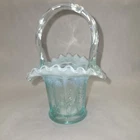 Vintage Fenton Butterflies & Berries Light Blue Opalescent Glass Basket