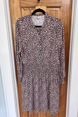 Boden Smocked Jersey Shirt Dress  16/18R Smocked Waist And Sleeves Floral