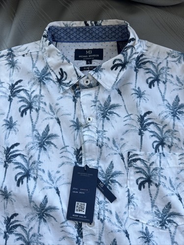 Michael Brandon Hawaiian Dress White Blue Shirt Mens Sz XL Slim Fit NWT - Picture 4 of 16
