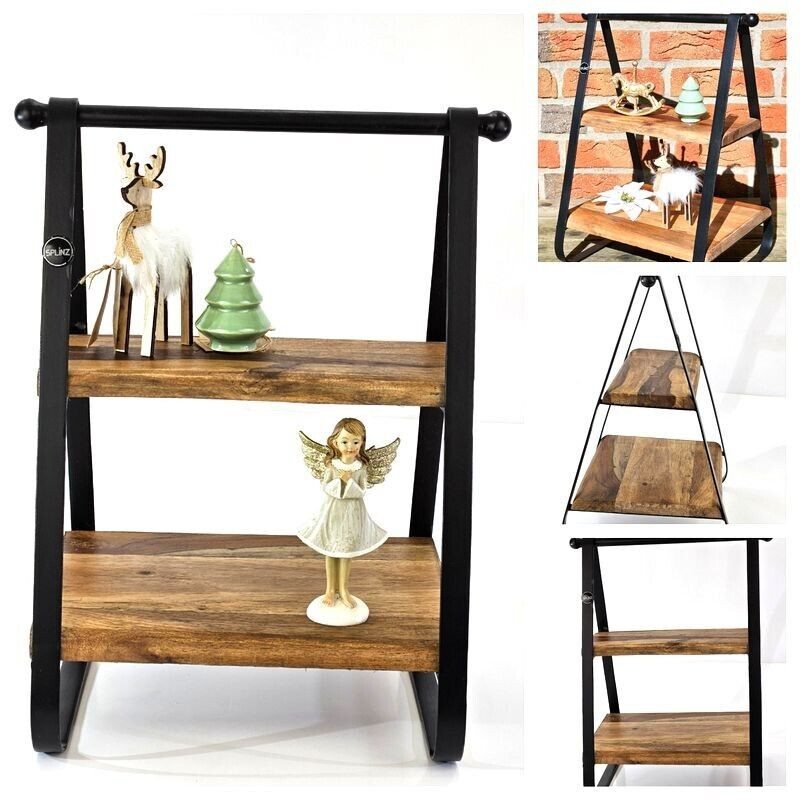 Beistelltisch Regal Teak Mango Massivholz Metall Schwarz mit 2 Ablagen Deko