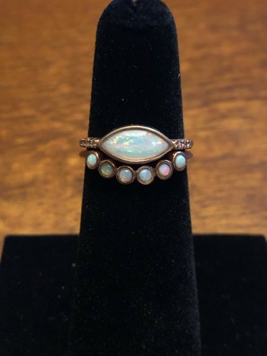 ROSE GOLD OPAL RING SET, Opal & Diamond Ring with Matching Curved Band, 14k Gold - Picture 7 of 10