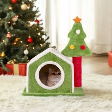 24in Christmas Cat House Cat Bed Cave, Soft Plush Christmas Nest Holiday Decor
