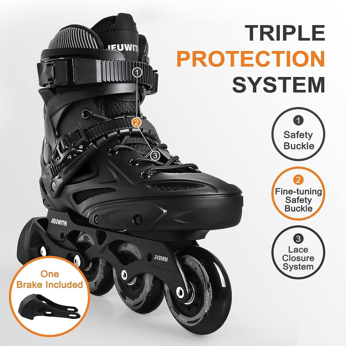 JEUWITH Unisex Professional Inline Skates, Black Men 7.5