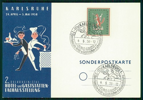 RFA TARJETA DE EXPOSICIÓN 1957 KARLSRUHE HOTEL RESTAURANTES CHEF CAMARERO ZORRO ga16 - Imagen 1 de 2