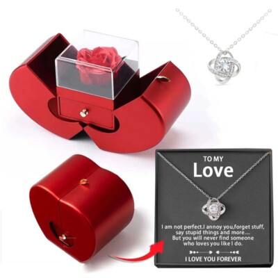 Necklace and Real Rose in an Apple Shaped Gift Box (Silver and Gold)
