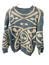 Vintage 80s  90s Graphic Knit Sweater Abstract Tribal Design Blue  Cream Small