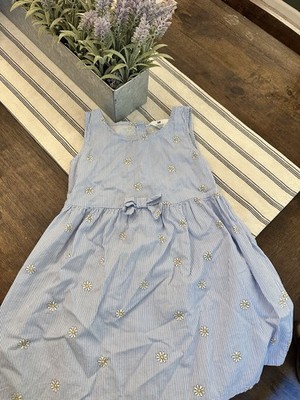 H&M Daisy Sleeveless Blue White Striped Cotton Sundress Girls Size 6 EUC