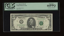 DBR 1995 $5 FRN New York Gem Fr. 1984-B PCGS 66 PPQ Serial B93885886D