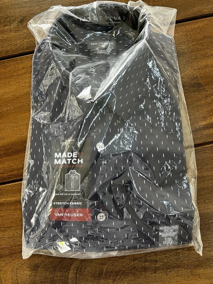 ¡NUEVO! Camisa de vestir Van Heusen para hombre calce ajustado manga larga 16 1/2 32/33 gris y azul marino Foto 3 de 4