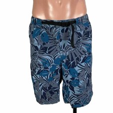 LL Bean Mens Swim Trunks Shorts Floral Print Blue Nylon Lined Size Large Belted