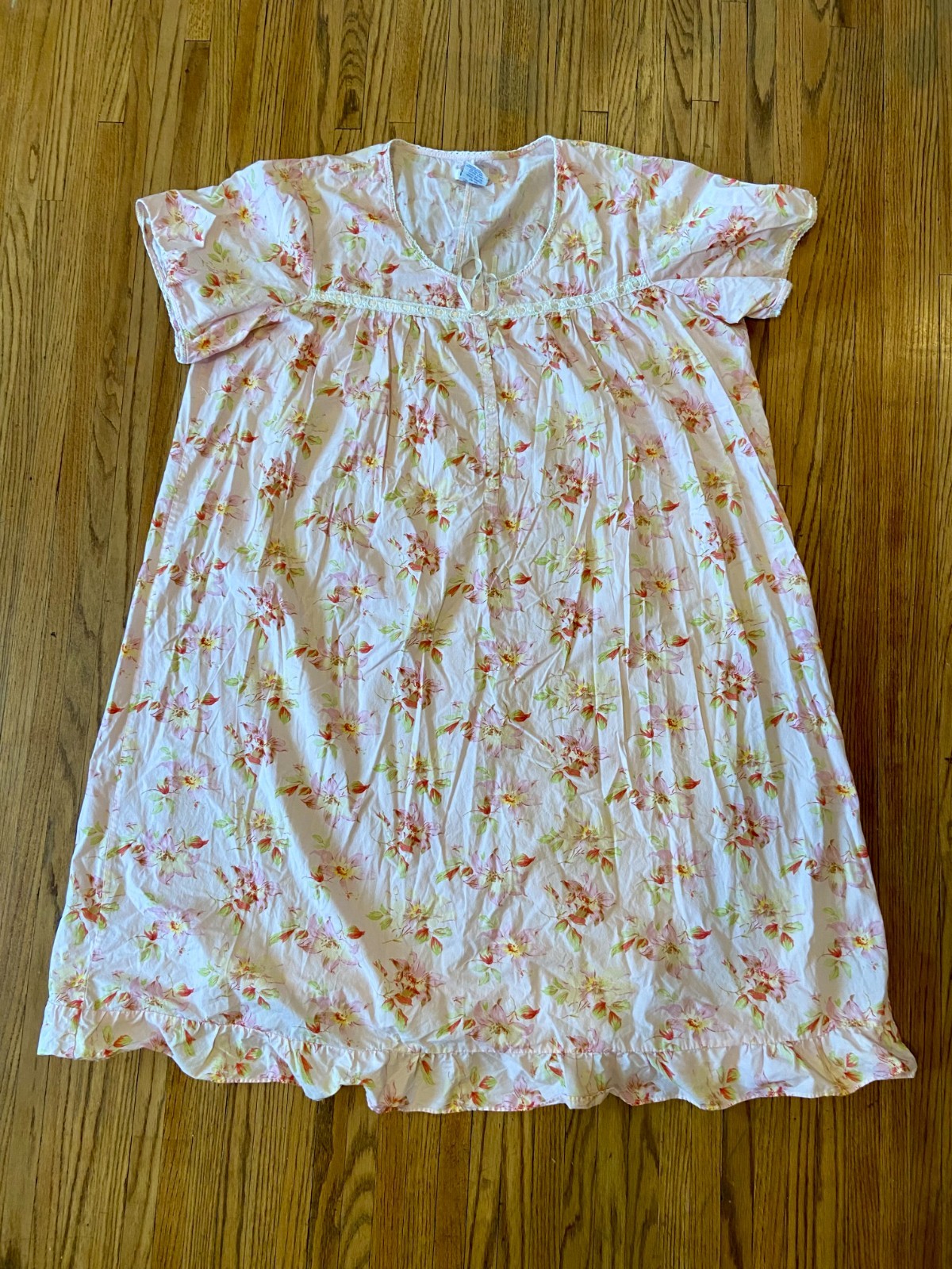 VTG Dreams & Co Short Sleeve Floral Pink Nightgown 4X Cotton Boho Grandma Lace