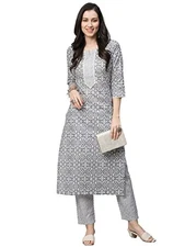 GoSriKi Women's Cotton Blend Printed Straight Kurta with Pant (Kavi-GS)