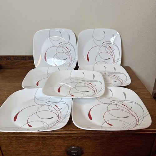 Lot of 7 Corelle Vitrelle Splendor Square Lunch Salad Plates Red Gray Swirl 9” - Picture 2 of 8