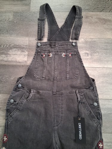Driftwood Brady Aztec Embroidery Boyfriend Denim Overalls Washed Black Medium - Picture 3 of 16