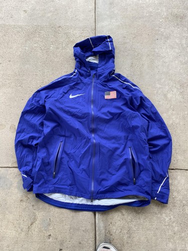 Modern USA Jacket Mens Large Blue Nike Hooded Windbreaker USA Flag Track Running