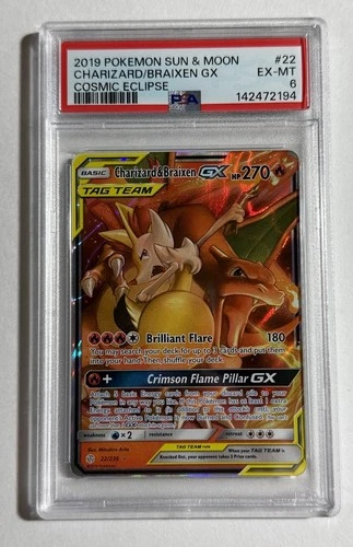 2019 POKEMON SUN & MOON COSMIC ECLIPSE #22 CHARIZARD & BRAIXEN GX PSA 6