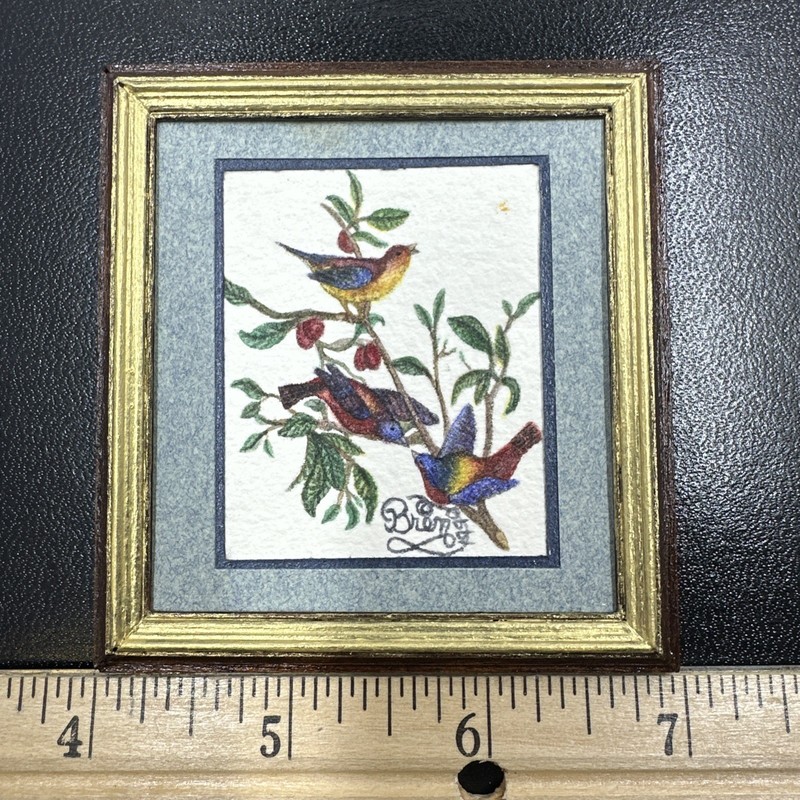 Dollhouse Minaiture Artisan Framed Painting Of 3 Birds On A Branch 1990