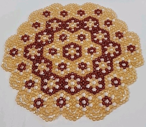 Vtg Handmade Beaded Safety Pin Basket & Doily Trivet Mat Brown Ivory Unique - Picture 13 of 16
