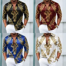 Button Down Shirt Men Vintage Floral Graphic European Mens Art Casual Modern Top