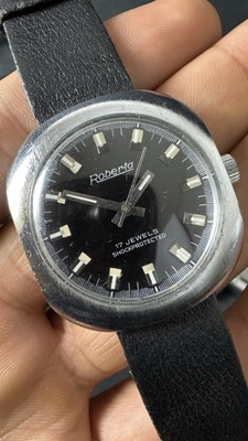 VINTAGE BEAUTIFUL MEN'S SWISS CHROMED MECHANICAL WATCH ''ROBERTA'' WITH BLUE DIAL