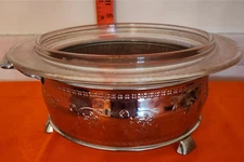 Glassbake Casserole designed by L & M Visnelli w/Metal Holder w/Floral Pattern 