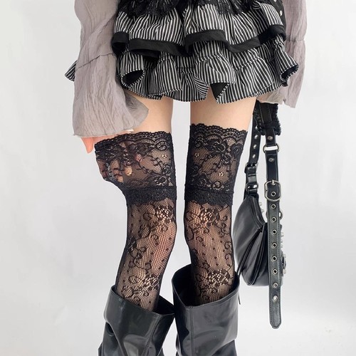 Fishnet Thigh High Stockings Lace Trim Frilly JK Socks High Lace Stockings ~ - Foto 2 di 18