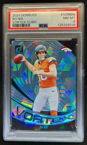 2024 Donruss Bo Nix Vortex RC Cubic Rookie #10/50 Broncos PSA 8