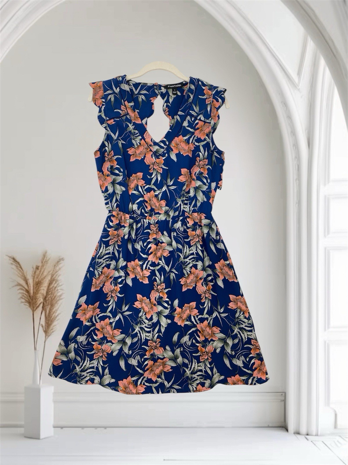 41 Hawthorn Blue Floral Midnight Scalloped Cut Out Back Dress Women’s Size Small